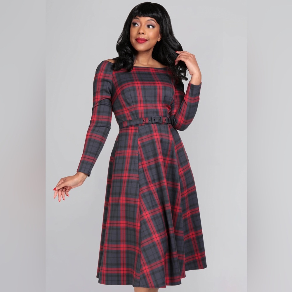 Collectif Red and Navy Plaid Long Sleeve Dress